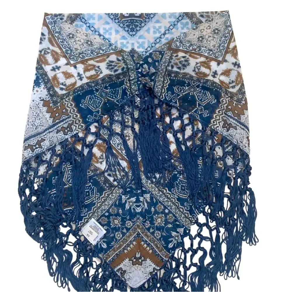 2/$30 Boho Western Teal Blue Tan Brown Print Bandana Neck Scarf Size XS Fringe